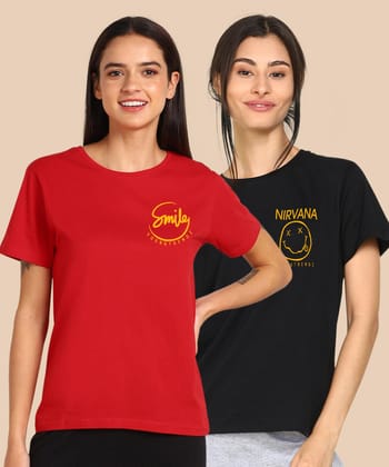 Womens Regular Fit  Combo Printed T Shirt-S / Red Black