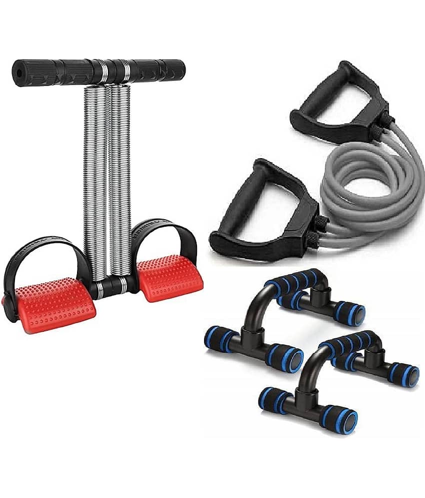 Gym Home Workouts Equipment Combo Set for Men Women Full Body Exercise Kit - Tummy Trimmer, Toning Tube Band, and Push Up Stand