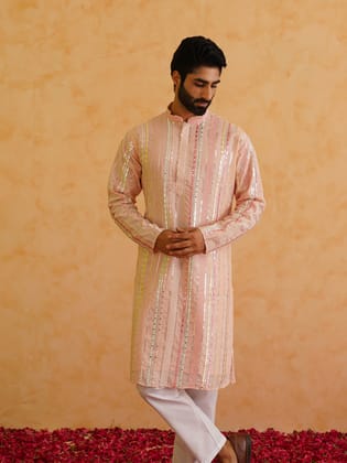 Men's Georgette sequinned mirror embroidered Pink Kurta-36