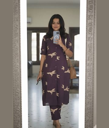 YAGNIK FASHION Women Cotton Blend Self Design A-line Kurti With Pants ( Wine )