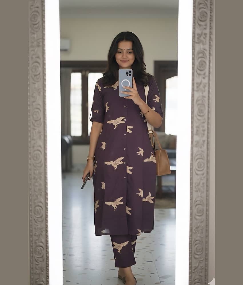 YAGNIK FASHION Women Cotton Blend Self Design A-line Kurti With Pants ( Wine )