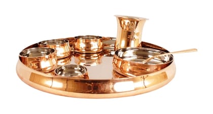 Indian Art Villa Steel Copper 9-Piece Curve Thali Set, Hammered Shine Finish- – Elegant Tableware for Traditional Dining, Perfect for Home, Restaurant, Special Occasions-PlainShineFinish