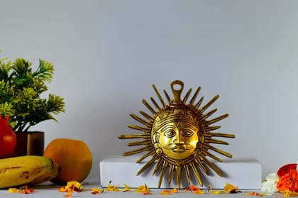 Surya Bhagwan Wall Hanging Lord Sun Idol Suraj Murti Statue (Color - Golden, Size - 6.25H *6.25L*1B) by Snova Enterprises Surya Bhagwan Wall Hanging Lord Sun Idol Suraj Murti Statue (Color - Golden, Size - 6.25H *6.25L*1B) by Snova Enterprises