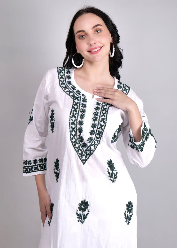 Chikankari in Mul cotton Kurta for Women - White with Green