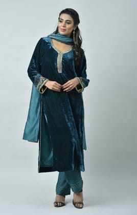 Teal Green Embroidered Velvet Kurta Set of 3-S