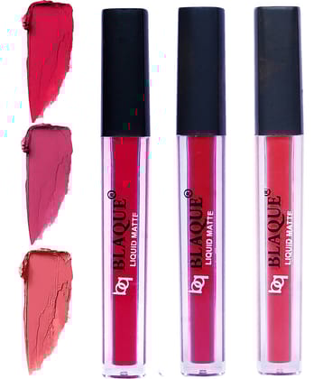 bq BLAQUE Matte Liquid Lipstick Combo of 3 Lip Color 4ml each, Waterproof - Ruby Red, Fuschia Pink, Pinkish Peach