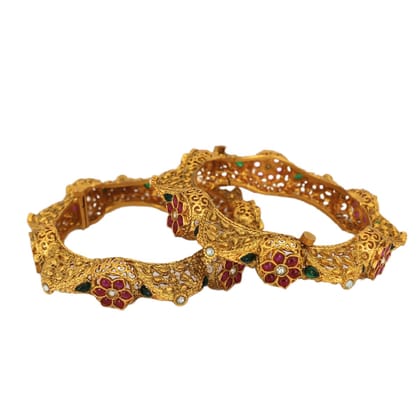 Trendisia Antique Gold-Plated Floral Filigree Bangles with Red & Green Stone Accents