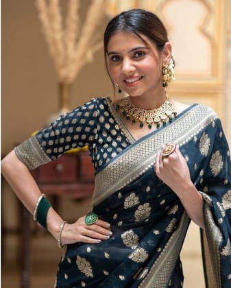 Women's Soft Lichi Silk Printed Saree With Unstitched Blouse 5.5Mtr (Blue)-PID63648