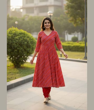 ETZIN Women Cotton Printed Anarkali Kurti With Pants ( Red )