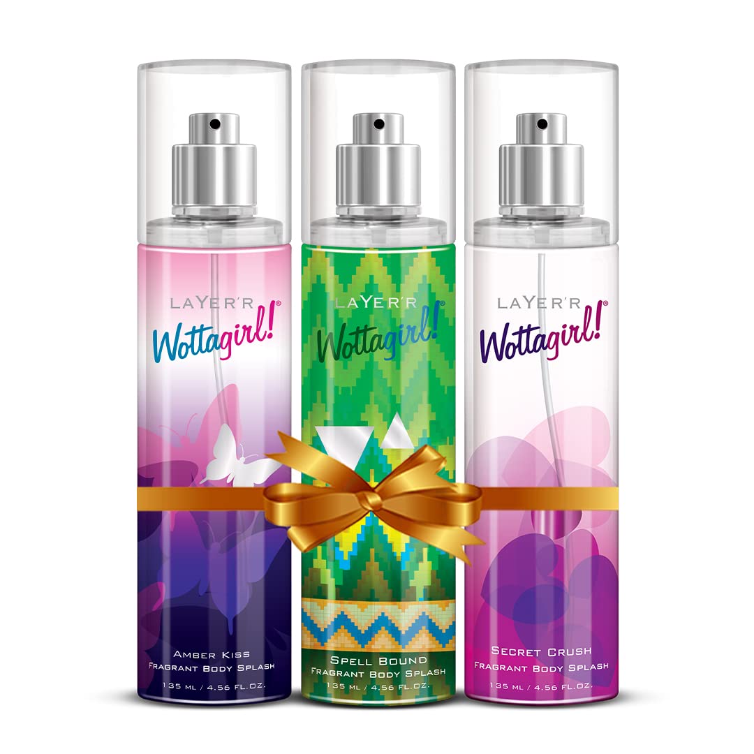 Layer'r Women WottaGirl Fresh Scent Spray Body Splash Gift Set Combo Pack Of 3 -Secret Crush, Spellbound, Amber Kiss Fresh Scent Spray Body Splash 135Ml