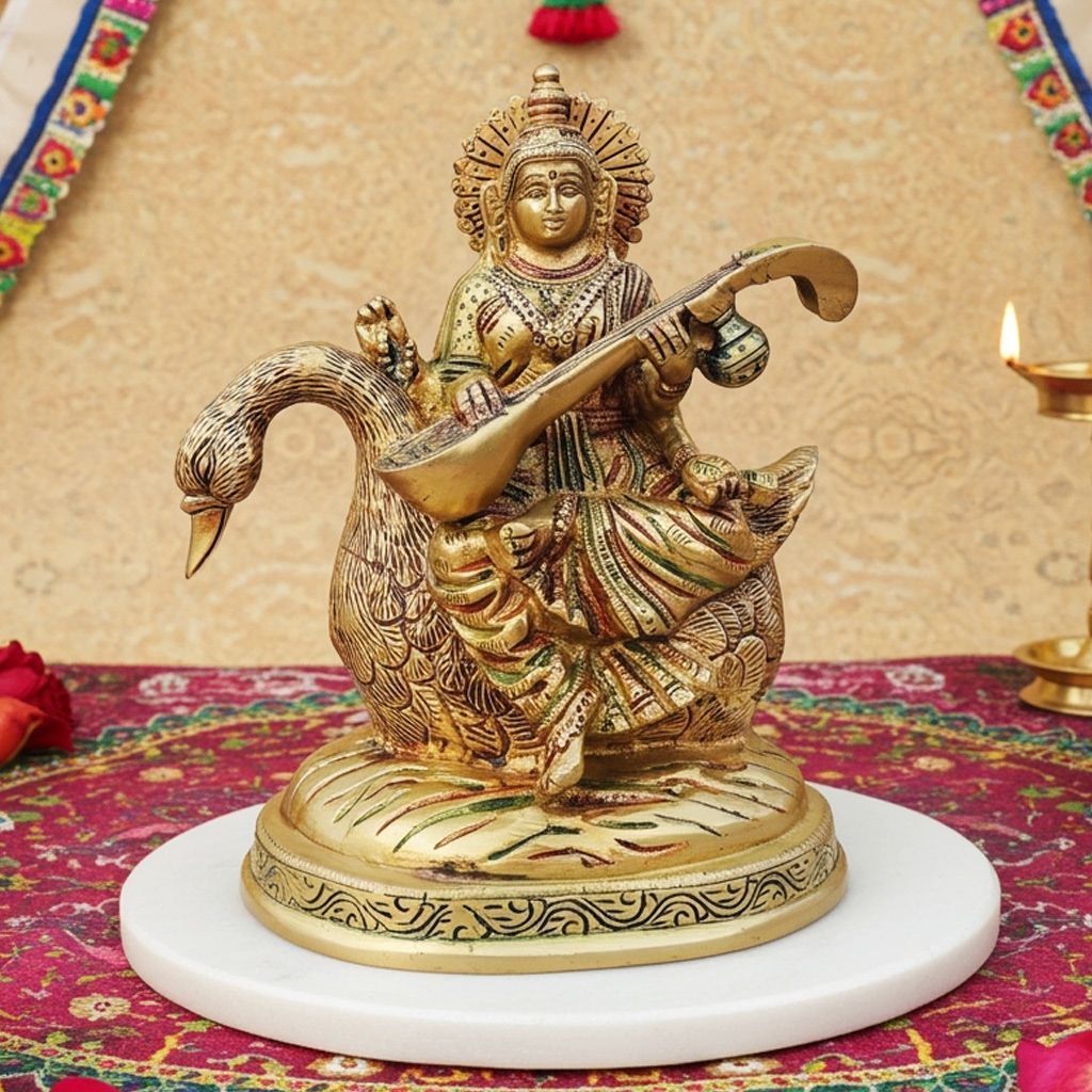 Brass Saraswati Ji on Swan God Idol - Elegant Decorative Sculpture, Height : 7.2 Inch (BSMAS931 C)
