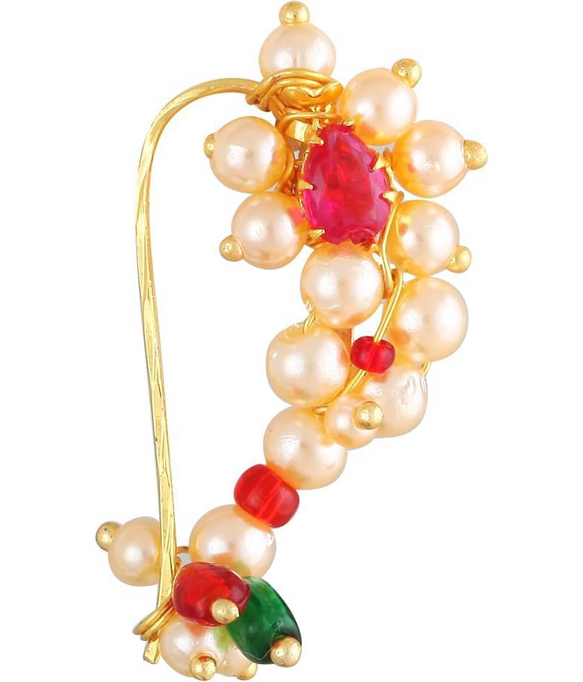Vighnaharta Maharashtrian culture Nath Oxidised Gold with Artificial stone and beads and Pearls Alloy Mini Nose Ring -VFJ1028NTH-Tar