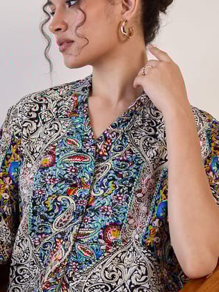 Multicolor Notch Collar Boxy Top-XS