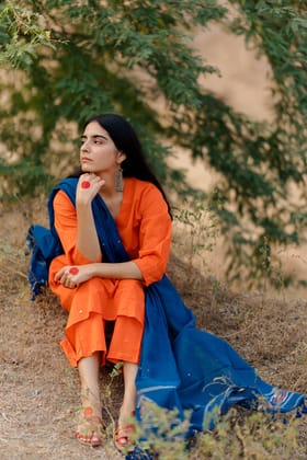 Orange Kurta Set with Blue Jaamdani Dupatta-S
