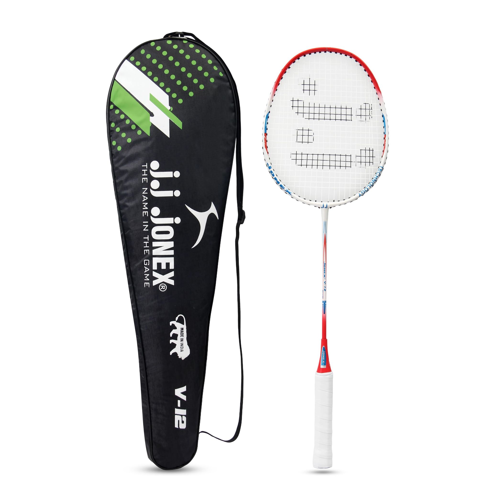 JJ Jonex v-12 Badminton Racket Aluminium Badminton Racket with Full Cover | One-Piece Frame, PVC Foam Embossed Grip for Comfortable Feel, Balanced Swing Weight for Power & Control