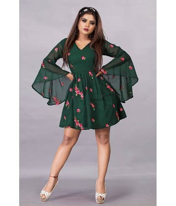 Apnisha Women Georgette Printed Fit & Flare Dress ( Green )