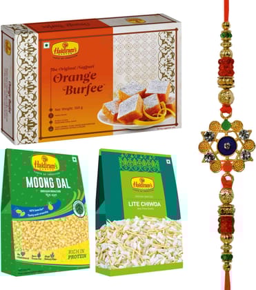 Haldiram's Nagpur Orange Burfee 500g,Moong Dal(200g),Lite Chiwda(200g) With Premium Rakhi Assorted Gift Box (Multicolor)