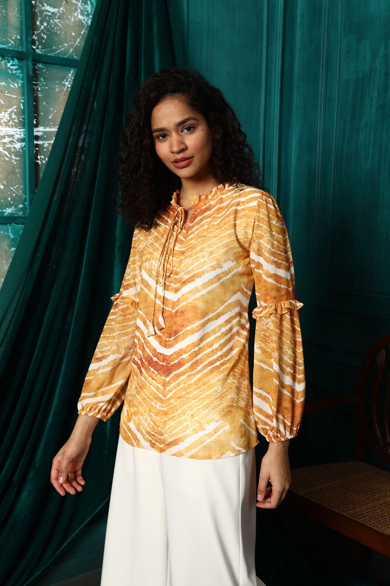 Mustard yellow tie dye digital print top-M
