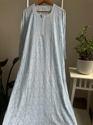 Muslin Chikankari Kurti - Baby Blue-Blue / cotton / XL