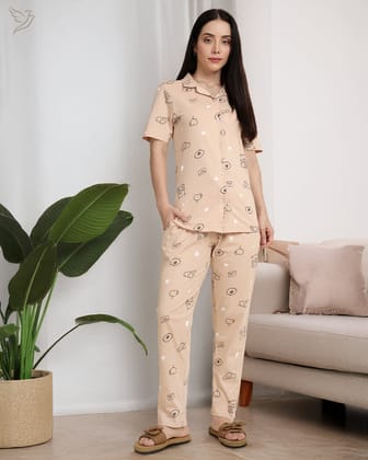 Teddy Printed Collared Co-ord Set - Toasted Almond-XS / Toasted Almond