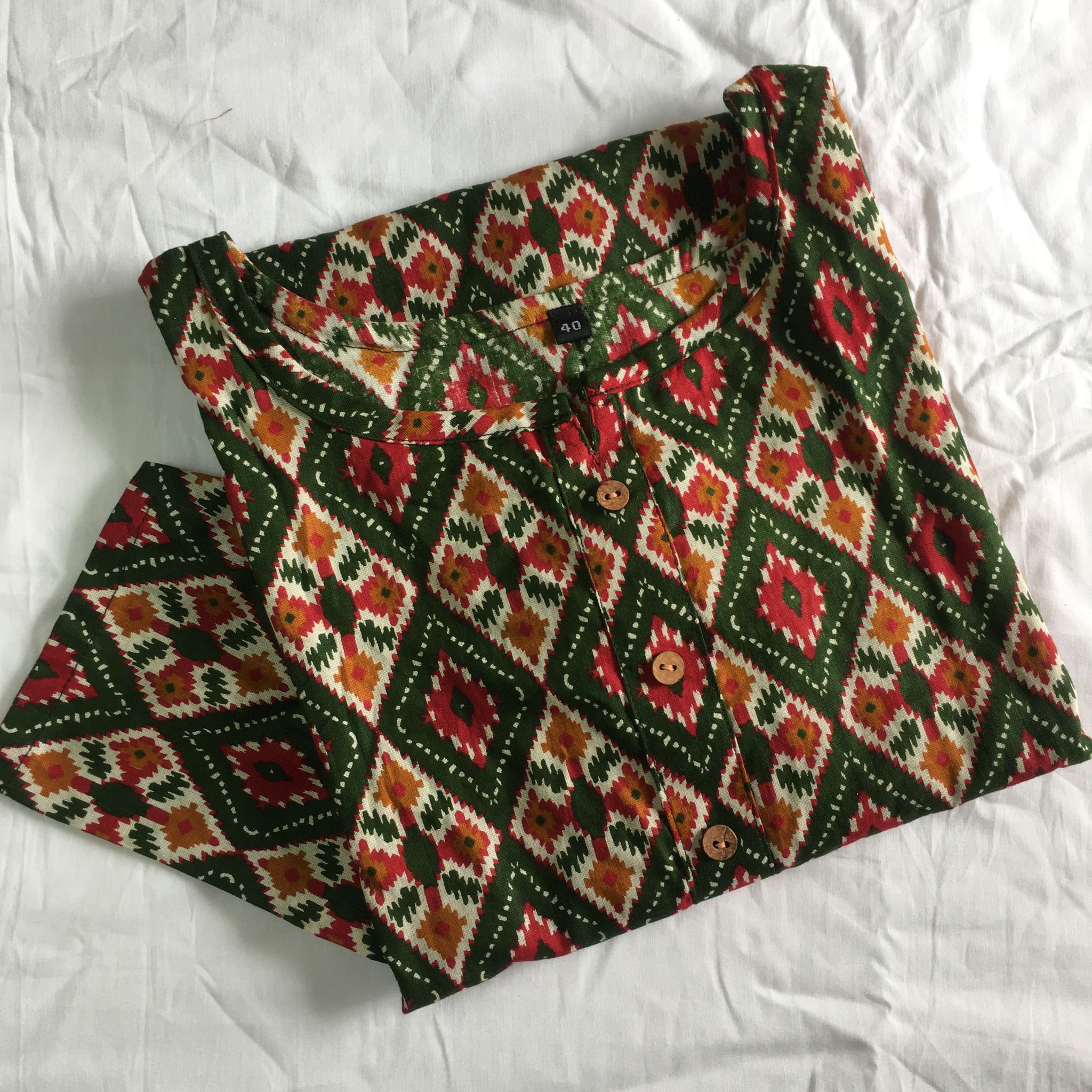 4 tone Print  - Pure Cotton - Short Kurti - Green-42 - XL