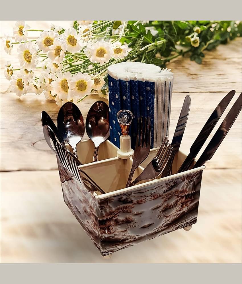 Metal Kitchen Cutlery Holder Spoon And Tissue Holder For Dining Table Cutlery Stand Cutlery Holder for Dining Table and Kitchen | Multifunctional Organizer Stand (Brown)