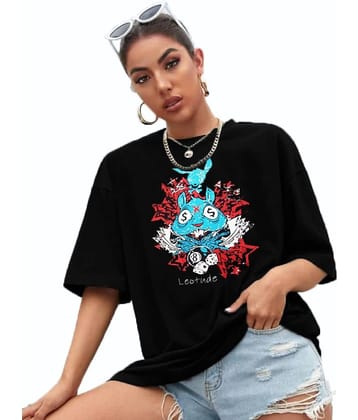 Leotude Women Cotton Blend Printed Oversized Fit Round Neck T-Shirt ( Black )