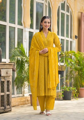 Mustard Bandhani Anarkali Suit Set-S