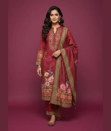 WOOL'S KART Women Woollen Printed A-line Kurti With Pants ( Red )