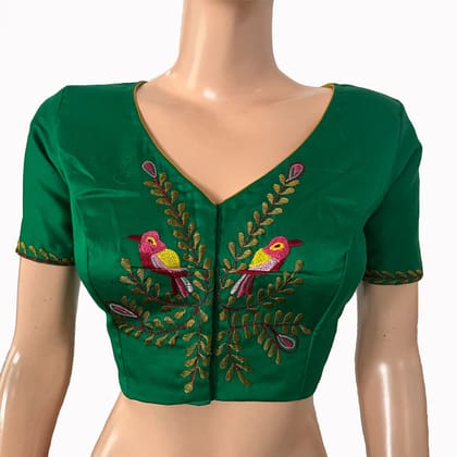 Embroidered Silk Cotton V neck Blouse with Short Sleeves & Lining,  Green, BW1150-S