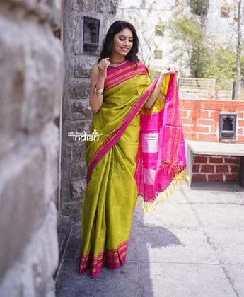 Handloom Cotton Viscose Ilkal Saree with Pure Resham Pallu - Bright Green with Pink Border