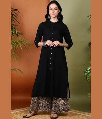 Yash Gallery Cotton Printed Kurti With Palazzo Women's Stitched Salwar Suit - Black ( Pack of 1 )