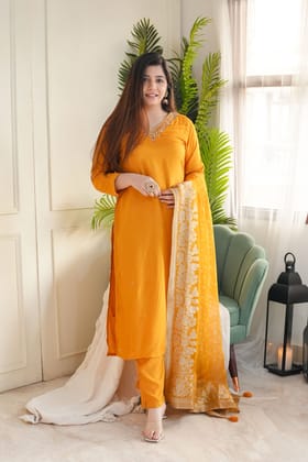 Mairah Yellow Silk Suit Set-XL