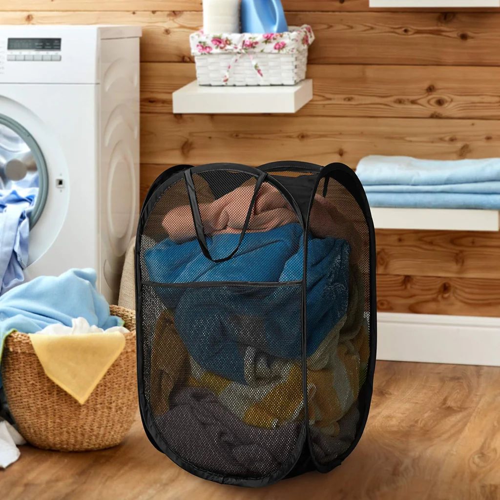 Laundry Hamper Mesh Fabric For Ventilation Foldable Storage Pop Up Clothes Basket (Pack of 1)