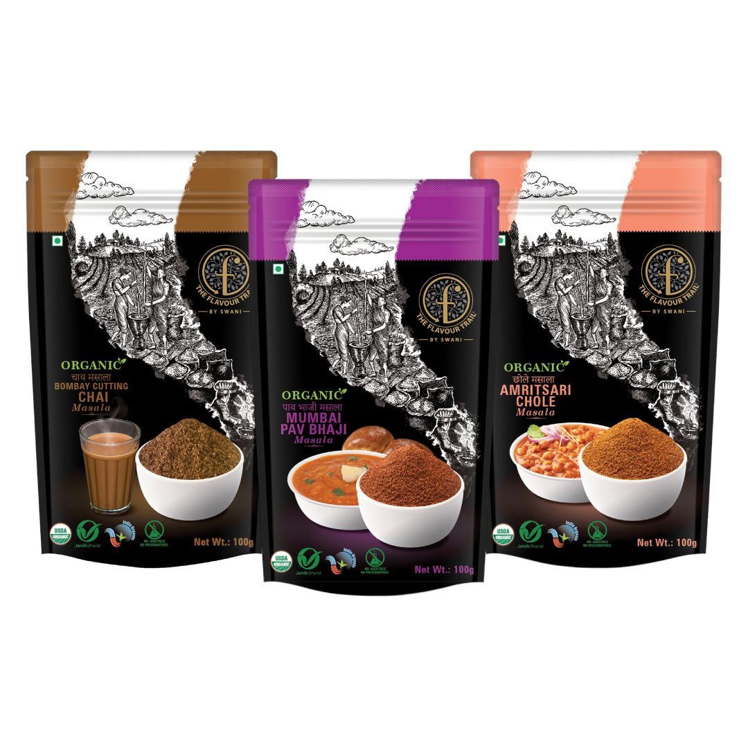 The Flavour Trail by Swani - Bombay Cutting Chai Masala + Mumbai Pav Bhaji Masala + Amritsari Chole Masala, 100gms Each| Organically Farmed