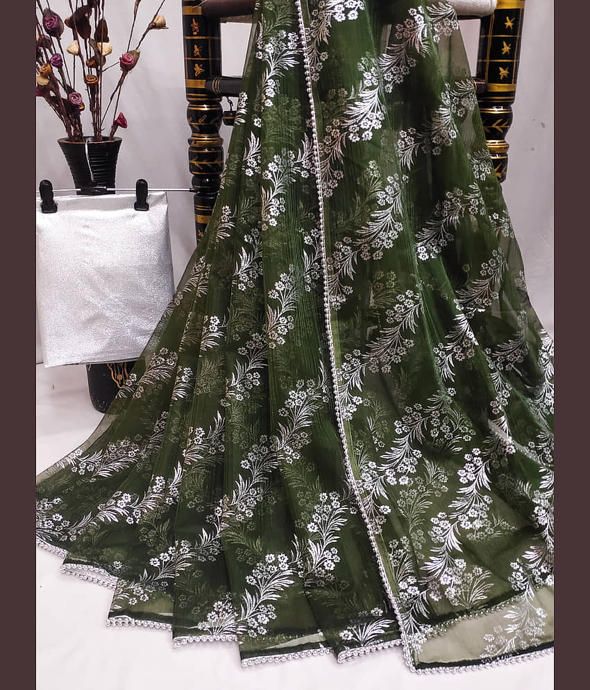 Parmila Fashion Organza Embellished Saree With Unstitched Blouse Piece ( Olive )