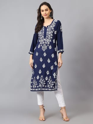 The Chikankari Story: Stylish Chikankari Modal Long Kurti for women, Hand Embroidered Elegant Fashion Kurta-S / Royal Blue