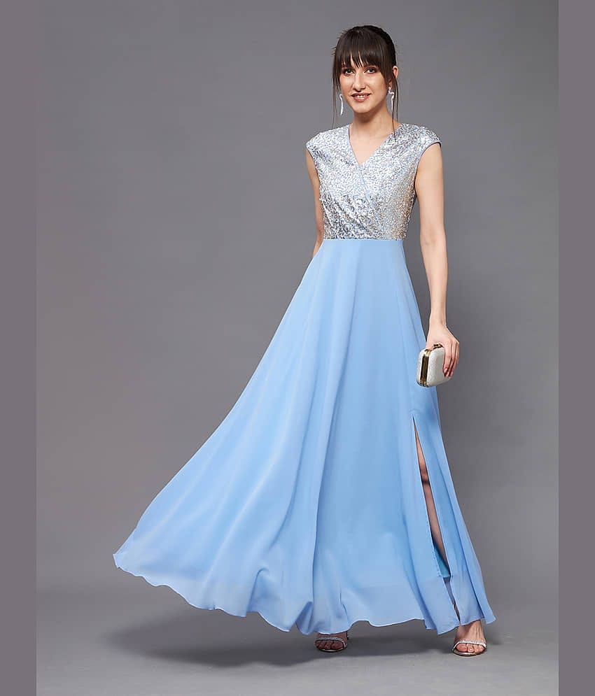 Miss Chase Women Georgette Embellished Side Slit Dress ( Blue )