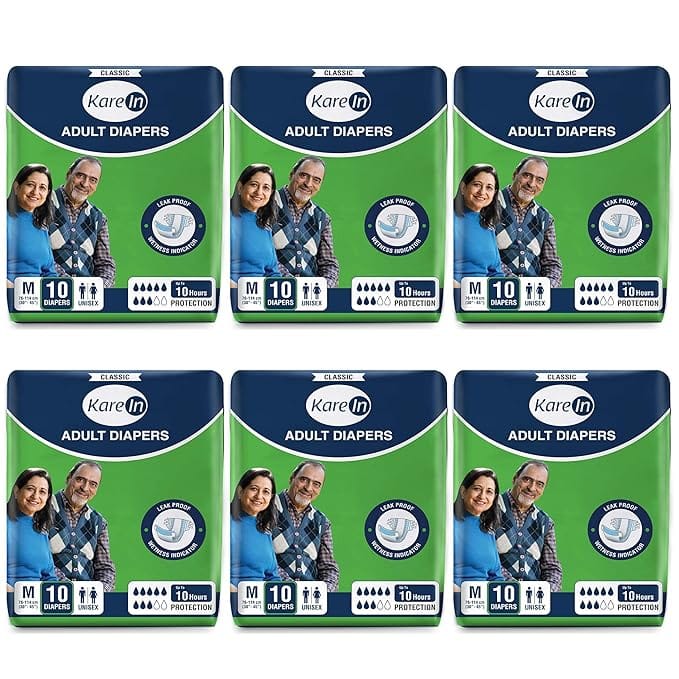 KareIn Classic Adult Diapers, Medium, Waist Size 76-114 Cm (30"-45"), 60 Count, Tape Style, Unisex, High Absorbency, Leak Proof, Wetness Indicator