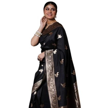 Women's Silk Printed Saree With Unstitched Blouse 5.5Mtr (Black)-PID60199
