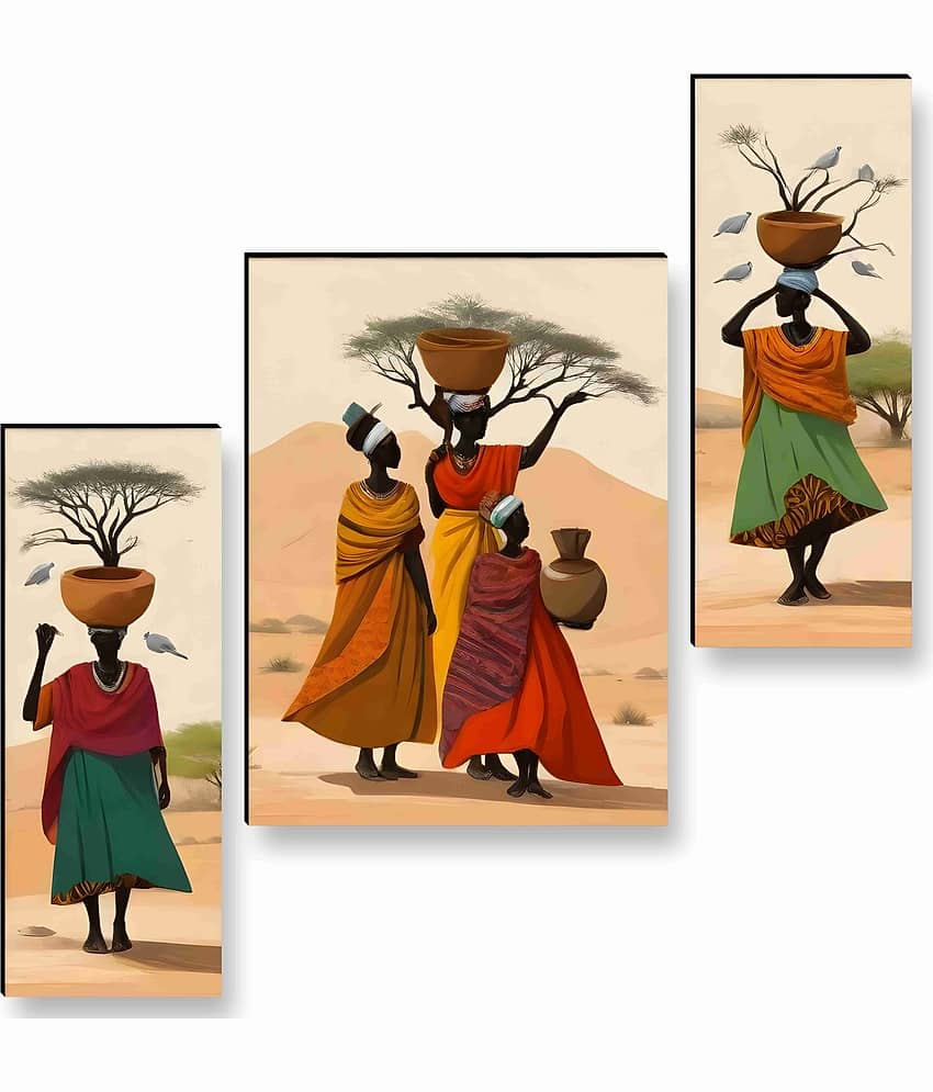 SAF African Tribal Women Wall Art – 3 Panel Cultural Painting with Desert Landscape, Pots & Birds for Ethnic Living Room Décor 12 Inch x 20 Inch