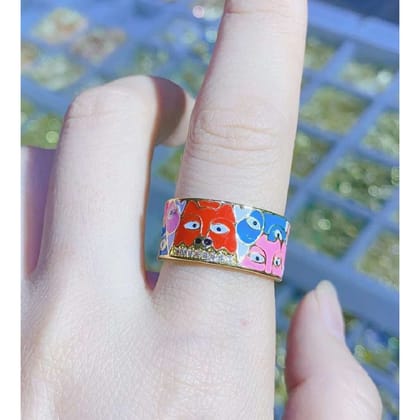 Copper Gold Enamel Red Pac-Man Free Size Adjustable Evil Eye Ring For Women