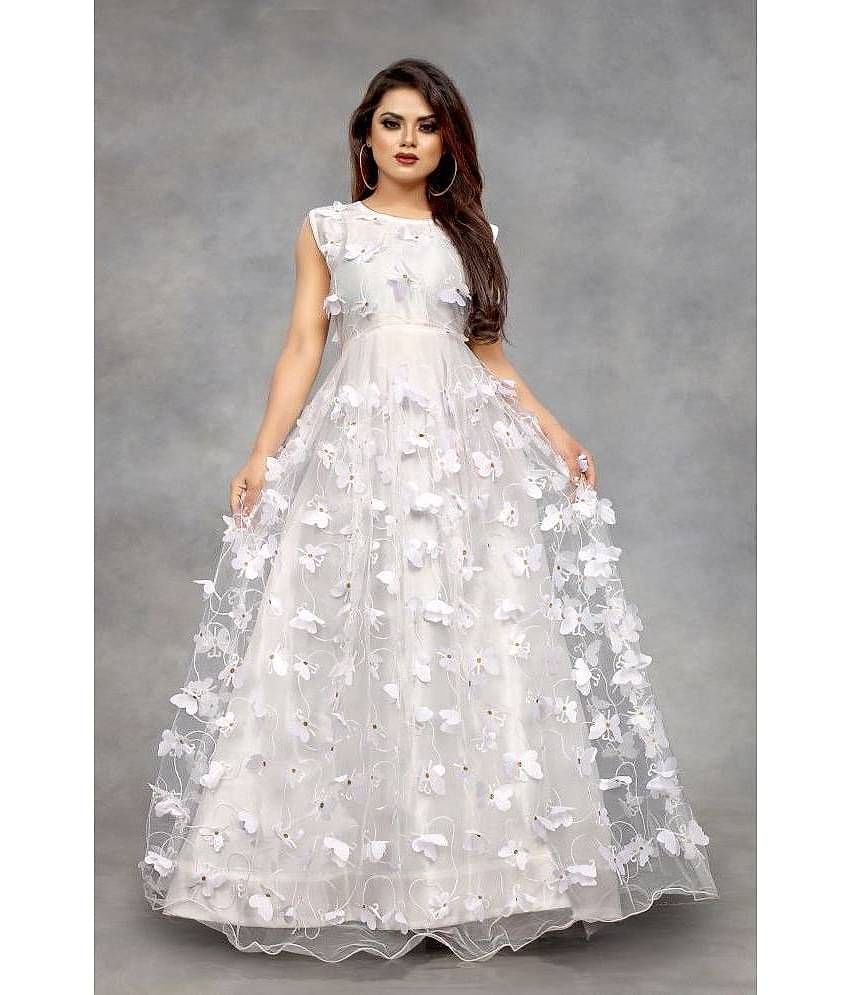 Apnisha Women Net Applique Ethnic Dress ( White )