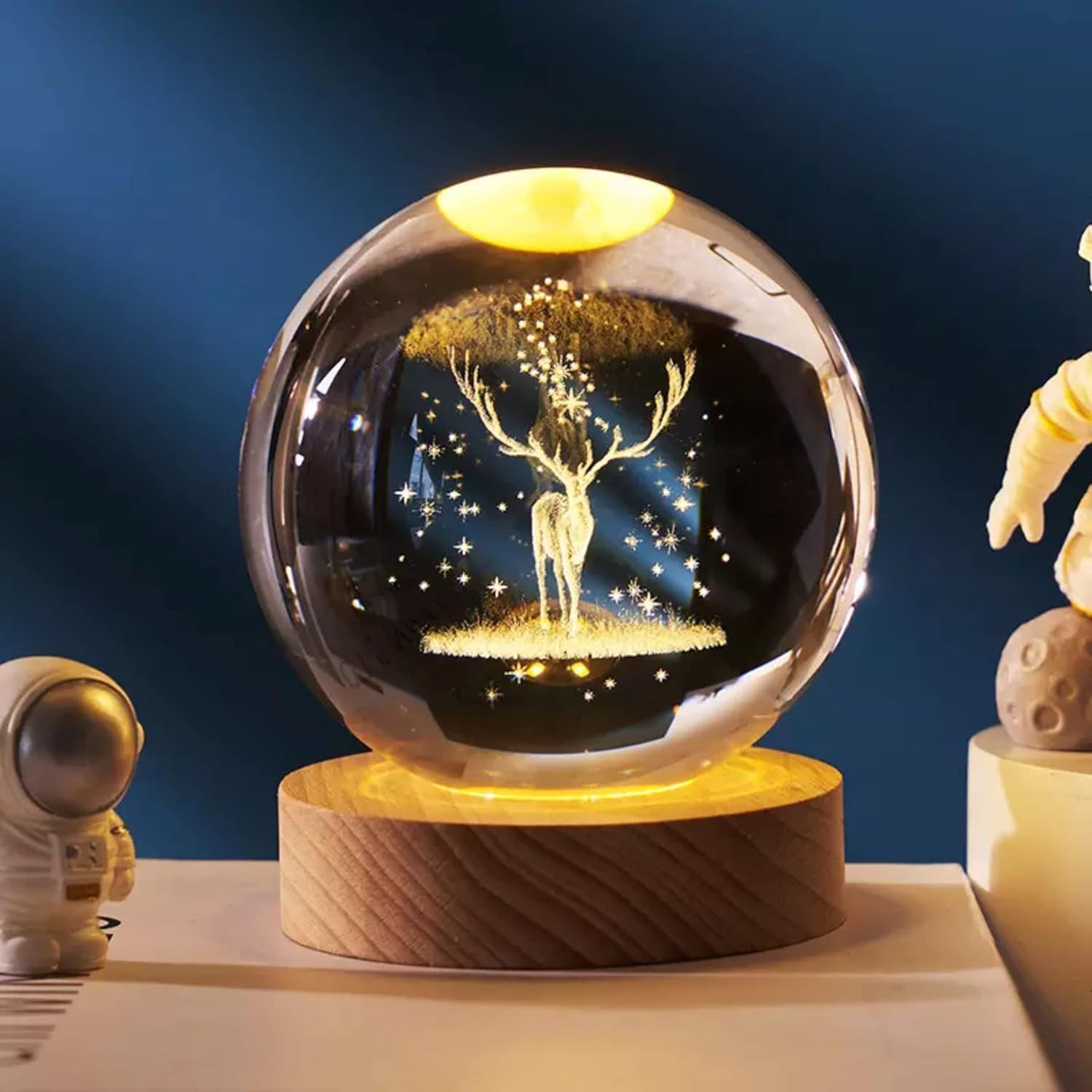 3D Crystal Ball Night Light | Dimmable Engraved LED Glass Ball Table Lamp with USB and Wooden Base for Home Decor, Office, Birthday Gift, Housewarming & Kids Bedroom. (Deer)