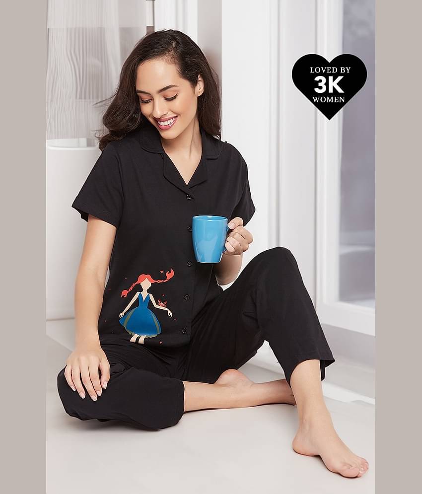 Clovia Black Cotton Women's Nightwear Nightsuit Sets ( Pack of 2 )
