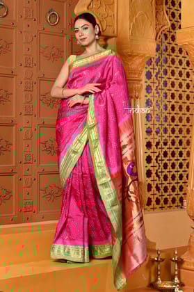 Shubh ~ Handloom Pure Silk Paithani with All Over Hand Bandhani in Taffy Pink with Peacock Pallu
