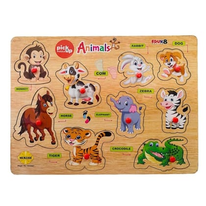 MUKESH Animals Wooden Pickup Puzzle 9 Knob Pieces Educational Learning Toy for Kids