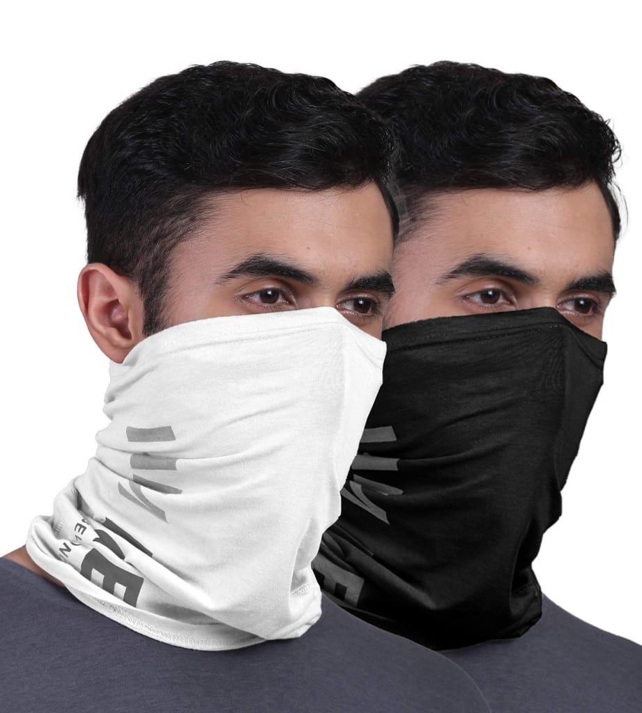 FREECULTR Unisex Bamboo Bandana, Anti Microbial Super Soft & Comfort Fit, Breathable Multipurpose Headband, Face Mask for Dust Protection and Sun - Printed Pack of 2-Black,White