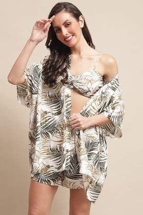 Mauve Color Tropical Printed Viscose Rayon 3 pcs Coverup Set Beachwear Robe For Woman-s