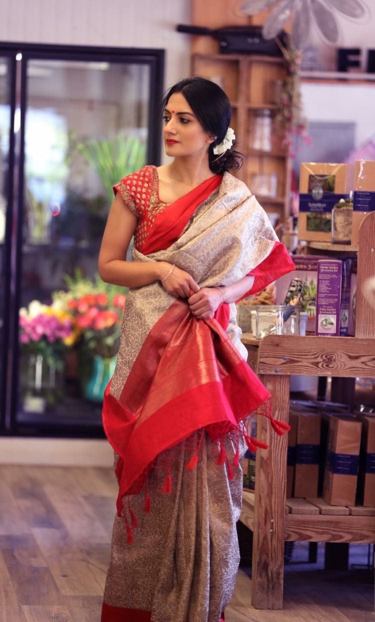 Pretty Off White and Orange Printed Soft Silk Designer Saree - J-139